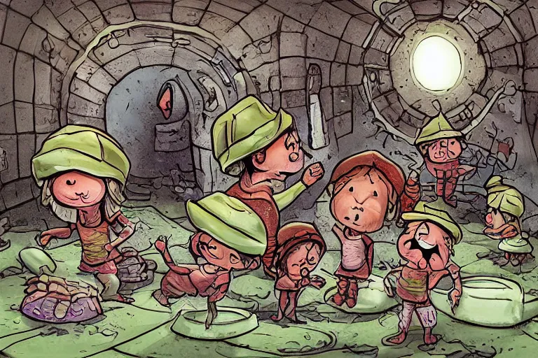 Prompt: - A group of little people who live in the sewers, in the dark and are about to be eaten by an enormous mutant crab. Digital Art by Michael Mariano.