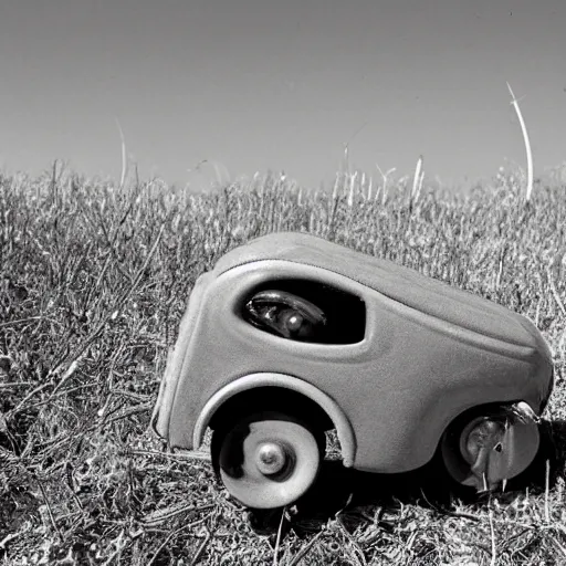 Prompt: a 1 9 5 0 s ride - on toy car, abandoned on the side of the road, in a soviet wasteland. weeds are overgrown and the eyes on the car look slightly angry. the wheels seem to be turning into hands. black and white photo. surrealism.