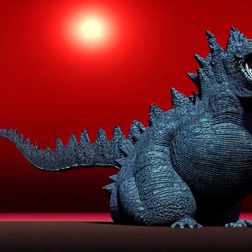 Image similar to a cute render of godzilla sitting on an endless red carpet under a spotlight, emptiness, darkness