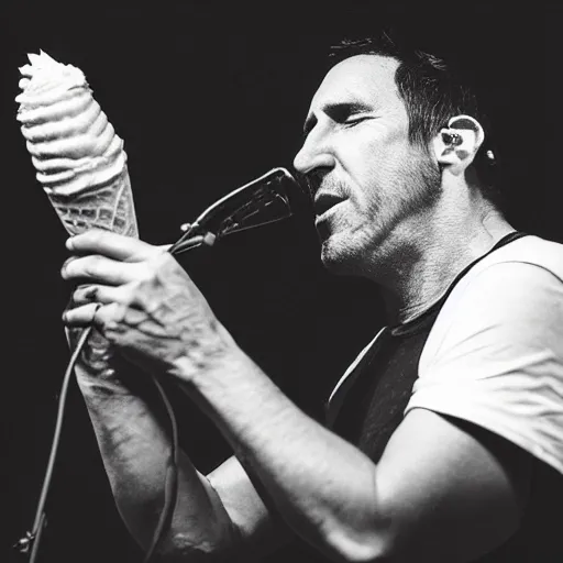 Prompt: Concert photo of Trent Reznor eating an ice cream cone on stage. Flash photography.