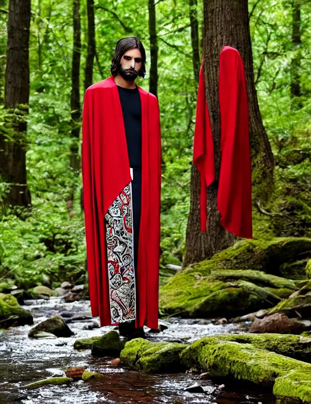 Prompt: longshot modern intricate textile ancient roman toga cloak nature hispanic man perfect face walking along small creek river in the woods marc jacobs gucci black red silver