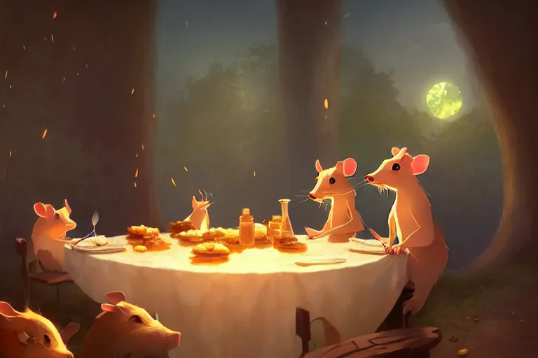 Image similar to anthropomorphic rats eating a delicious dinner, key visual, a fantasy digital painting by makoto shinkai and james gurney, trending on artstation, highly detailed
