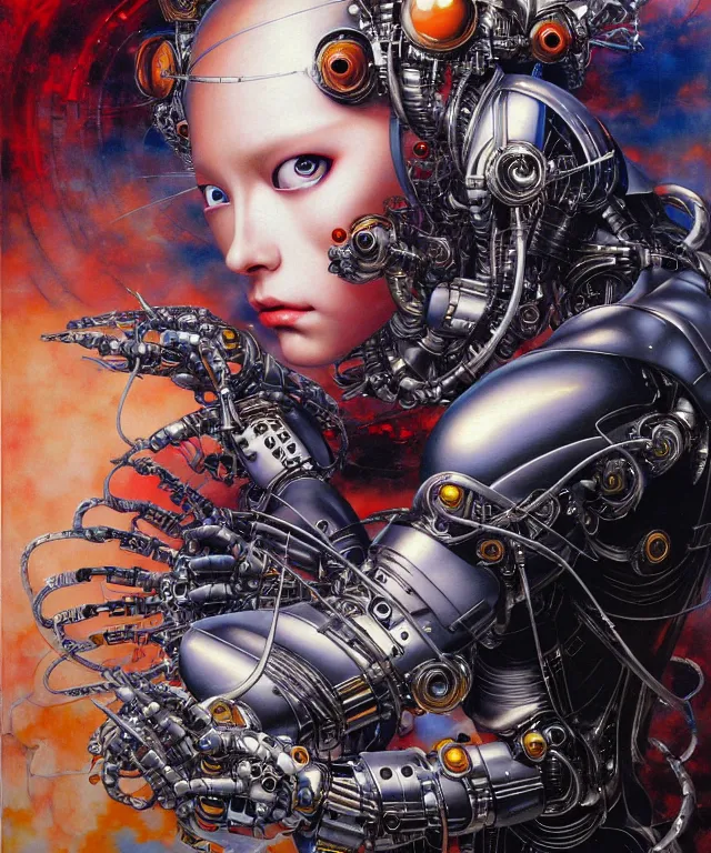 Prompt: realistic detailed image of futuristic cyborg-robot creating a painting with acrylic paint and brushes by Ayami Kojima, Amano, Karol Bak, Greg Hildebrandt, and Mark Brooks, Neo-Gothic, gothic, rich deep colors. Beksinski painting, part by Adrian Ghenie and Gerhard Richter. art by Takato Yamamoto. masterpiece