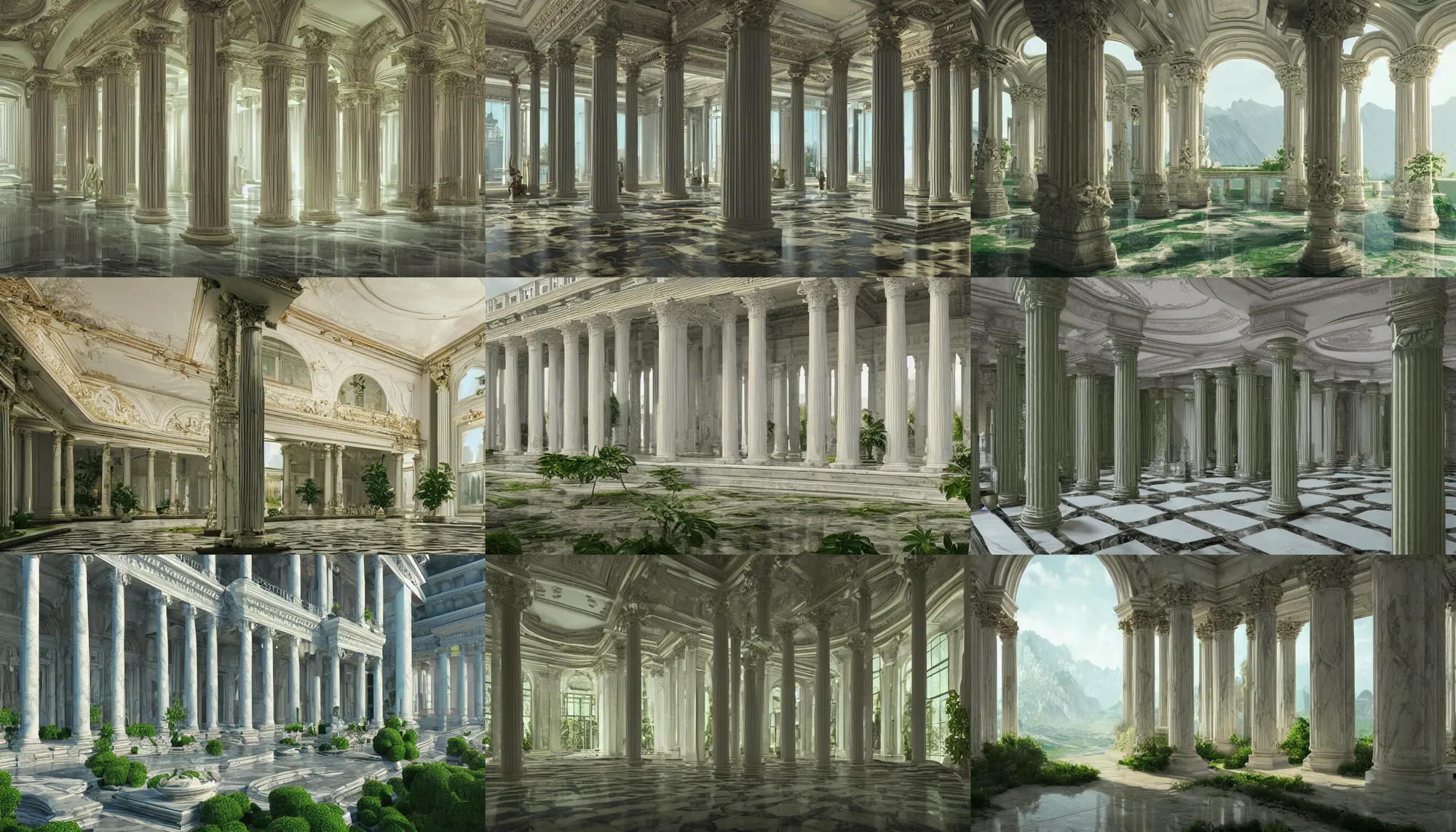 Prompt: Gorgeous marble palace with big windows and columns built in the green giant mountains, hyperdetailed, artstation, cgsociety, 8k