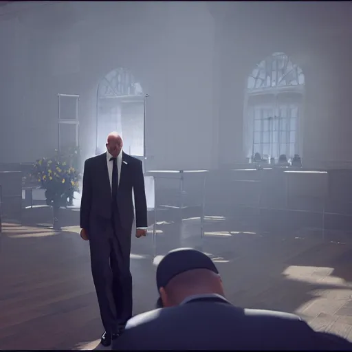 Image similar to agent 4 7 crashing his own funeral, hitman, unreal engine 5, 4 k, anti aliasing