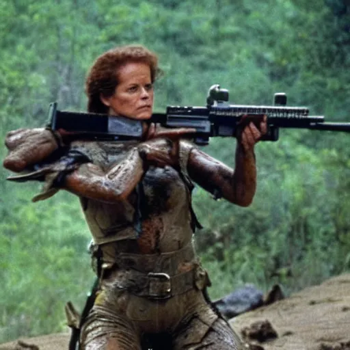 Prompt: film still of a mud - covered sigourney weaver as major dutch holding an assault rifle and hiding behind a rock from the predator in predator 1 9 8 7, hd, 8 k