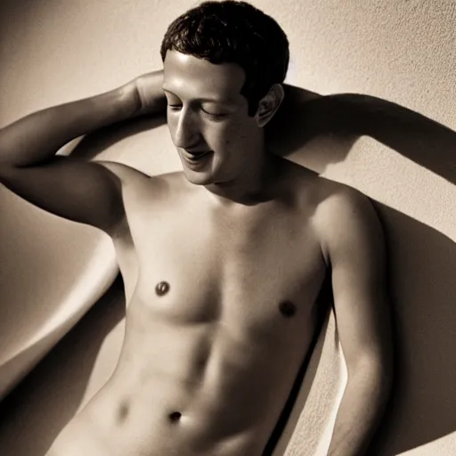 Prompt: Photo of Mark Zuckerberg in swimsuit, soft studio lighting, photo taken by Anne Liebovitz for Abercrombie and Fitch, 24mm f/1.4
