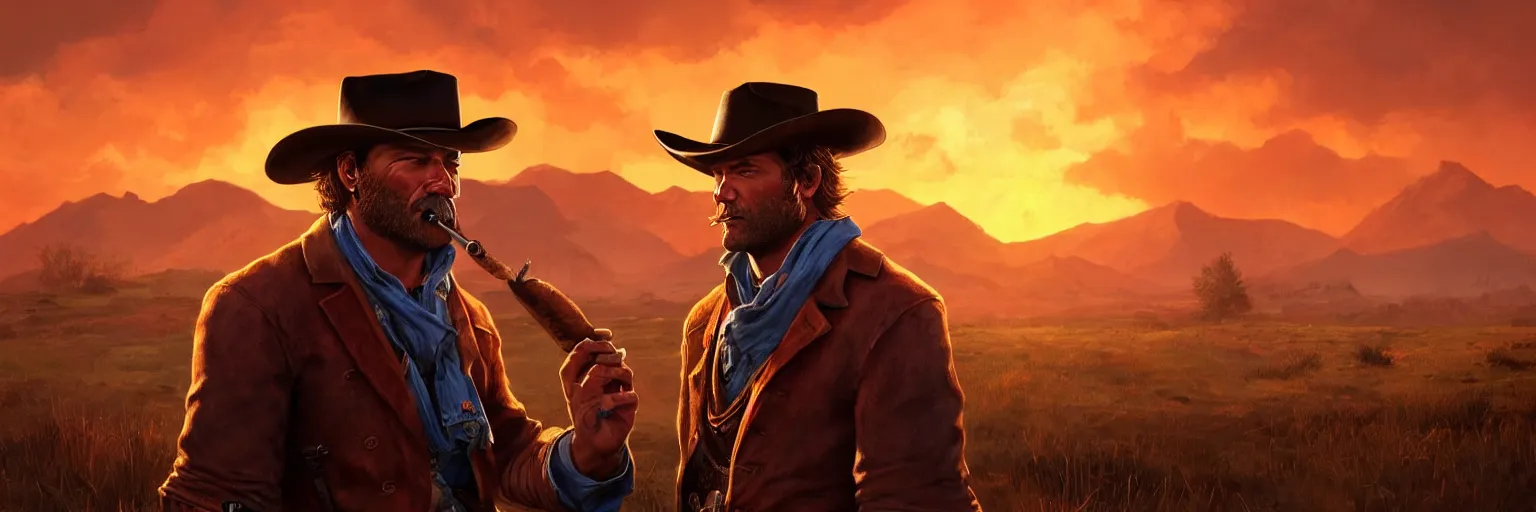 prompthunt: Arthur Morgan smoking a cigar, wild west background, sunset.  digital art. amazing quality. perfect lighting. Professional design. Great  composition. Mind blowing detail. award winning art. impressive colors.  trending on artstation.