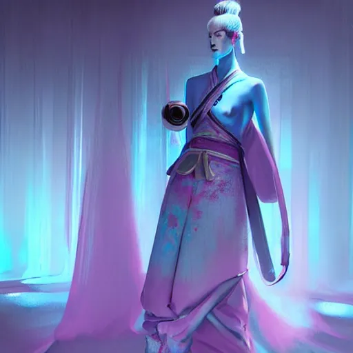 Image similar to digital art of a beautiful tall and feminine albino supermodel maiko samurai armor playing with a vr headset in a cyan and purple lit room greg rutkowski style