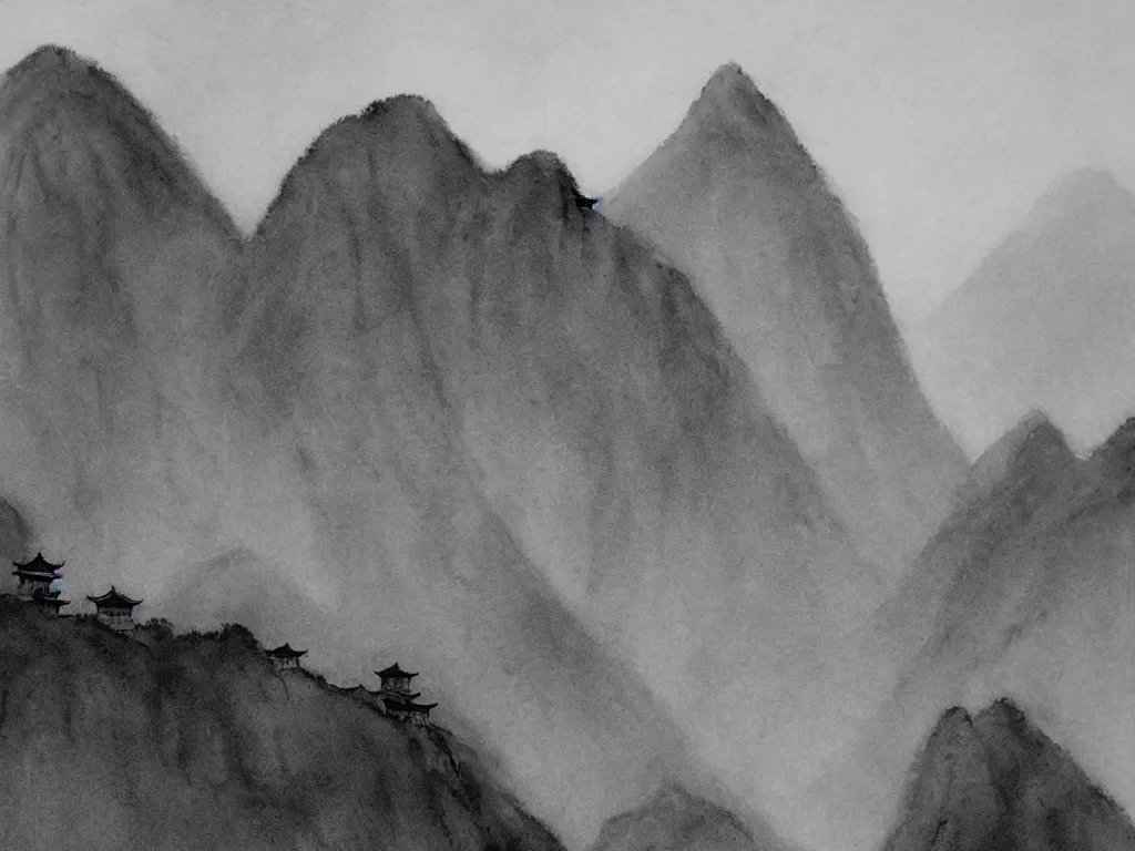 Image similar to a beautiful black watercolor painting of the mountainous landscape of huangshan with a buddisht temple on the hilltop on a rainy day, with monks walking up staircases.