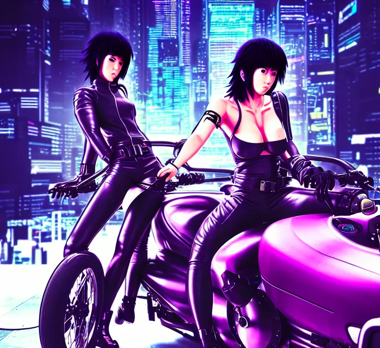 Image similar to motoko kusanagi riding a cyberpunk vehicle in a grungy cyberpunk megacity, bosozoku gang war, cyberpunk vaporwave, artgerm, sola digital arts, anti aliasing, raytracing