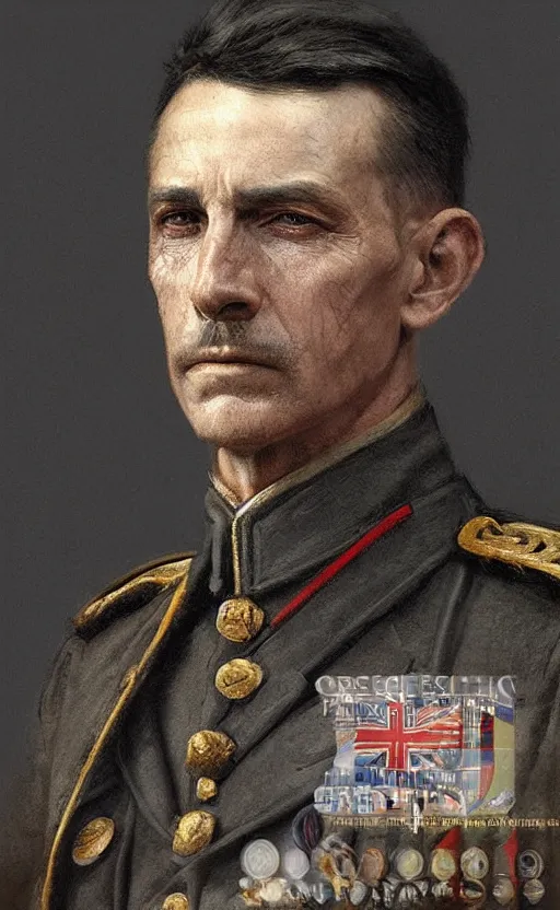 Image similar to official portrait of a WWI General, male, detailed face, 20th century, highly detailed, cinematic lighting, digital art painting by greg rutkowski