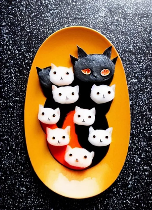 Image similar to clear surrealist painting of adorable cats made from sushi rice, sitting on sushi plates with garnish