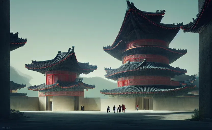 Image similar to exterior shot of utopian ancient chinese architecture with cinematic lighting by zaha hadid peter zumthor and renzo piano and frank gehry, darek zabrocki and greg ruthkowski, simon stalenhag, cinematic, holy place, paradise, scifi, futurism, atmospheric, concept art, artstation, trending on artstation