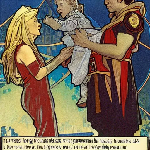 Image similar to baby gamorian guard being looked after by tom baker dr who, alphonse mucha