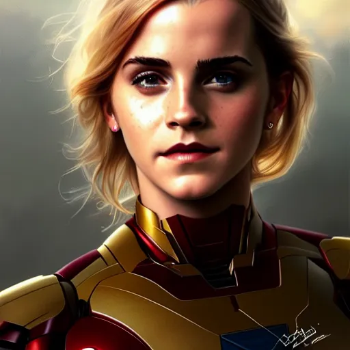 Prompt: Blonde Emma Watson in an Iron Man suit, western, closeup, D&D, fantasy, intricate, elegant, highly detailed, digital painting, artstation, concept art, matte, sharp focus, illustration, art by Artgerm and Greg Rutkowski and Alphonse Mucha