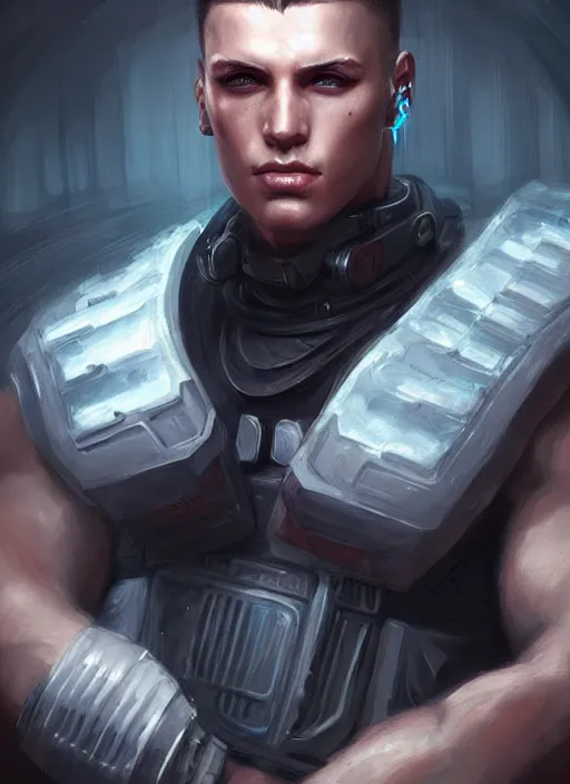 Image similar to « a portrait of a muscular cyberpunk male warrior, a digital painting by charlie bowater, featured on cgsociety, fantasy art, behance hd, wiccan, artstation hd »