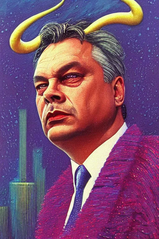 Prompt: 8 0 s art deco close up portait of viktor orban with horns, rain like a dream oil painting curvalinear clothing cinematic dramatic cyberpunk textural fluid lines otherworldly vaporwave interesting details fantasy lut epic composition by basquiat zdzisław beksinski james jean artgerm rutkowski moebius francis bacon gustav klimt