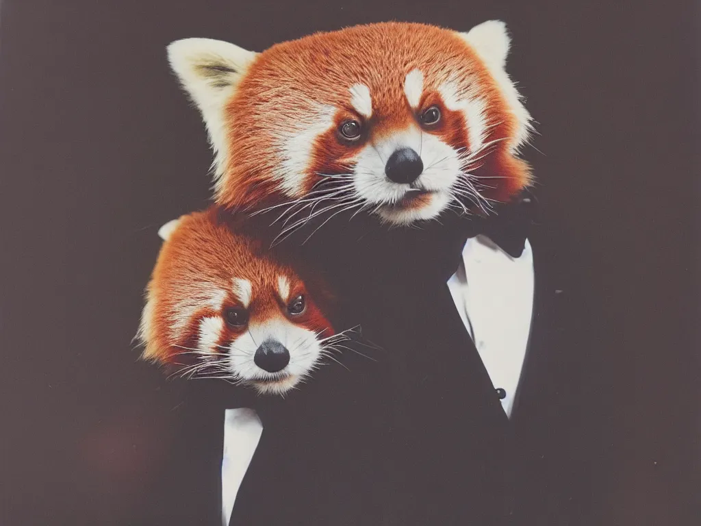 Prompt: Portrait of a Red Panda Wearing a Fancy Business Tuxedo, Expired Burned Polaroid from 1930s, Softbox Lighting, 85mm Lens F/1.8