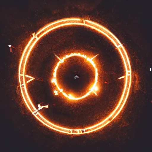 Image similar to ancient demon summoning, magic, shot from drone, witchcraft, night, bright lights, circle, symmetry, screenshot