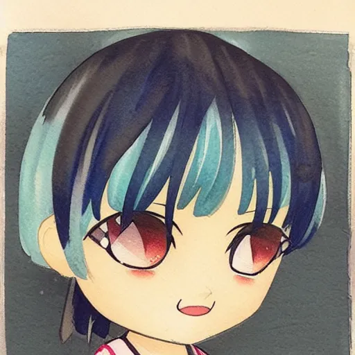 Prompt: beautiful water color concept art of face detailing cute nendoroid girl in the style of ukiyoe , toon rendering, close-up, no shade, modern art, smile, beautiful eye