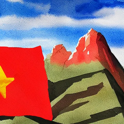 Prompt: a plastic lego toy stands with soviet flag on mountain against, watercolour, by Alena Aenami