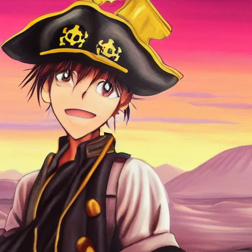Image similar to Painting of an anime pirate captain in the middle of a desert