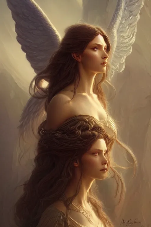 Image similar to Nearthendahl angels, fantasy, long hair, intricate, elegant, highly detailed, digital painting, artstation, concept art, smooth, sharp focus, illustration, art by artgerm and greg rutkowski and aleister crowley