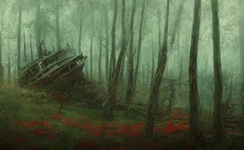 Prompt: an old big shipwreck in an autumn forest, green and red tones, by Aron Wiesenfeld and beksincki, cinematic, detailed illustration, nature, fog, dark colors, suspense, intricate, 8k