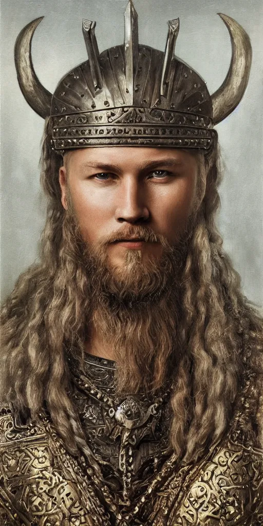 Prompt: a stunning and noble highly detailed romantic period style portrait of the Viking king Ragnar Lothbrok by Josep Tapiró Baró, trending on artstation, oil painting masterpiece, symmetry, fractals, Norse iconography