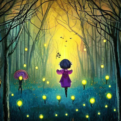 Image similar to an enchanted forest full of fireflies, night, warm light, fantasy art, in the style of coraline the movie