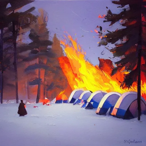 Image similar to a camp with tents on fire, burning down, shadows of 3 girls watching the camp burn, snow, painted by Sylvain Sarrailh