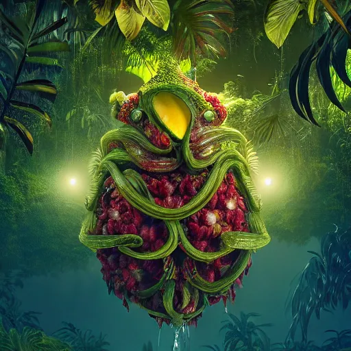 Image similar to tropical fruit creature in a lush trunda vegetation, water reflection, night, backlit, warm tones, bioluminescent : by michal karcz, daniel merriam, victo ngai and guillermo del toro : ornate, dynamic, particulate, intricate, elegant, highly detailed, centered, artstation, smooth, sharp focus, octane render