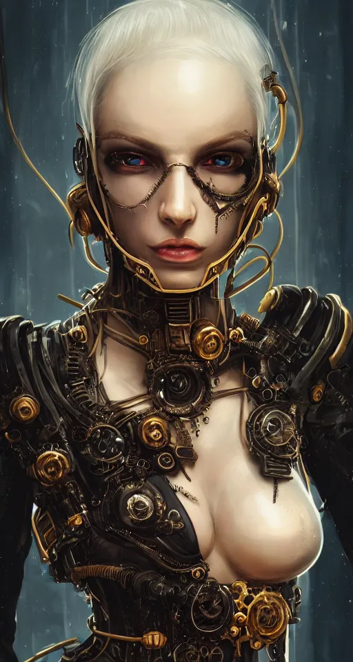 Image similar to soft lustrous ivory ebony biotech raver gutter punk gothic steampunk cyborg, golden ratio, details, scifi, fantasy, cyberpunk, intricate, decadent, highly detailed, digital painting, octane render, artstation, concept art, smooth, sharp focus, illustration, art by artgerm, loish, wlop