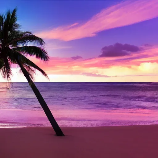 Image similar to Photo of the middle of the ocean, tiny, hilly islands made of sand, a couple of palm trees, sunset, pink clouds, dreamy, enchanting, ultrarealistic, establishing shot