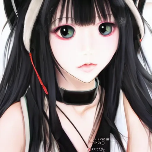 Image similar to realistic beautiful gorgeous buxom natural cute blushed shy girl Blackpink Lalisa Manoban black hair fur black cat ears, wearing white camisole, headphones, black leather choker artwork drawn full HD 4K highest quality in artstyle by professional artists WLOP, Taejune Kim, Guweiz, Aztodio on Pixiv Instagram Artstation