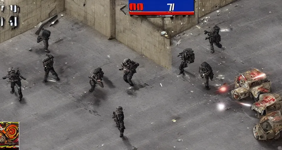 Prompt: 1996 Video Game Screenshot of Neo-tokyo Cyborg bank robbers vs police, Set inside of Parking Garage, Dark, Multiplayer set-piece Ambush, Tactical Squads :10, Police officers under heavy fire, Suppressive fire, Pinned down, Destructible Environments, Gunshots, Headshot, Bullet Holes and Anime Blood Splatter, :10 Gas Grenades, Riot Shields, MP5, AK45, MP7, P90, Chaos, Anime Machine Gun Fire, Gunplay, Shootout, :14 FLCL + Akira, Cel-Shaded:15, Created by Katsuhiro Otomo + Studio Gainax + Trending on Artstation: 20