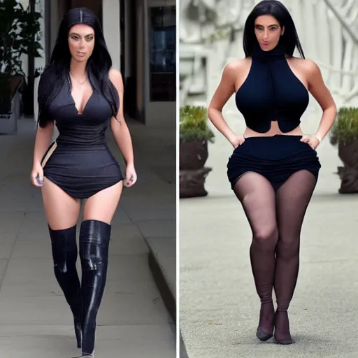 Image similar to a woman who is a genetic combination of kim kardashian and gal godot full body centerfold