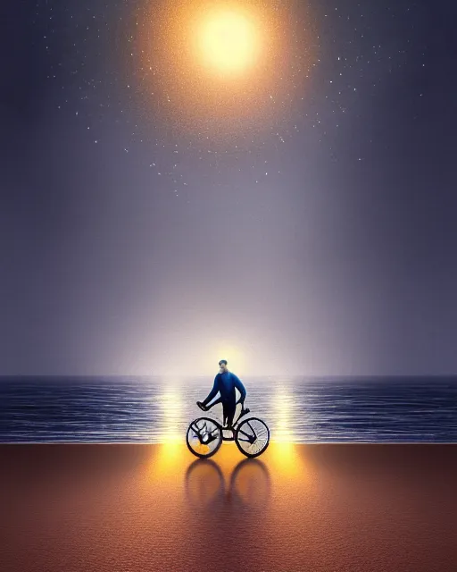 Image similar to photo of man riding a bicycle along the beach that is lit by glowing organisms underwater toward a lighthouse in the distance, wide horizon, large white clouds, intricate, elegant, highly detailed, digital painting, artstation, concept art, smooth, sharp focus, illustration, art by artgerm and greg rutkowski and fra angelico