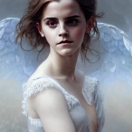 Image similar to emma watson as an angel, white lace, highly detailed, digital painting, matte, sharp focus, art by artgerm, greg rutkowski, alphonse mucha, frank frzetta, boris vallejo, bouguereau, beksinski, cinematic