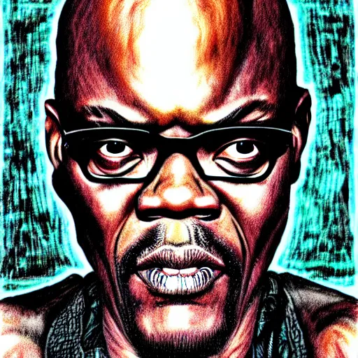 Image similar to samuel l jackson, hyper detailed, in the style of h. r. giger and junji ito and h. r. giger, selfie