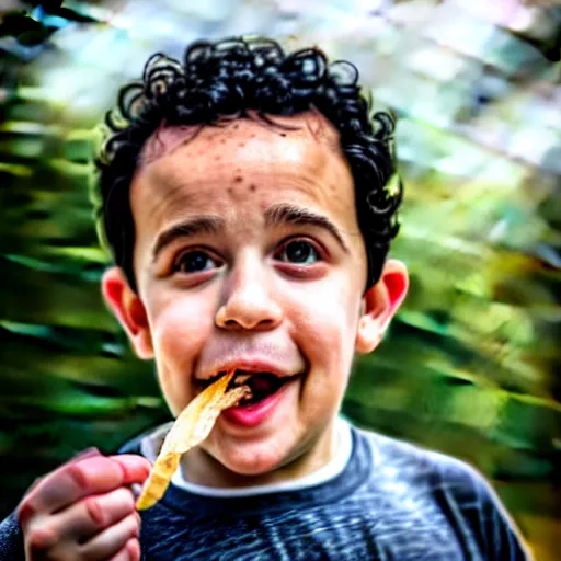 Prompt: fred savage eating a pickle, ( sony a 7 r iv, symmetric balance, polarizing filter, photolab, lightroom, 4 k, dolby vision, photography awardm, voque, perfect face )