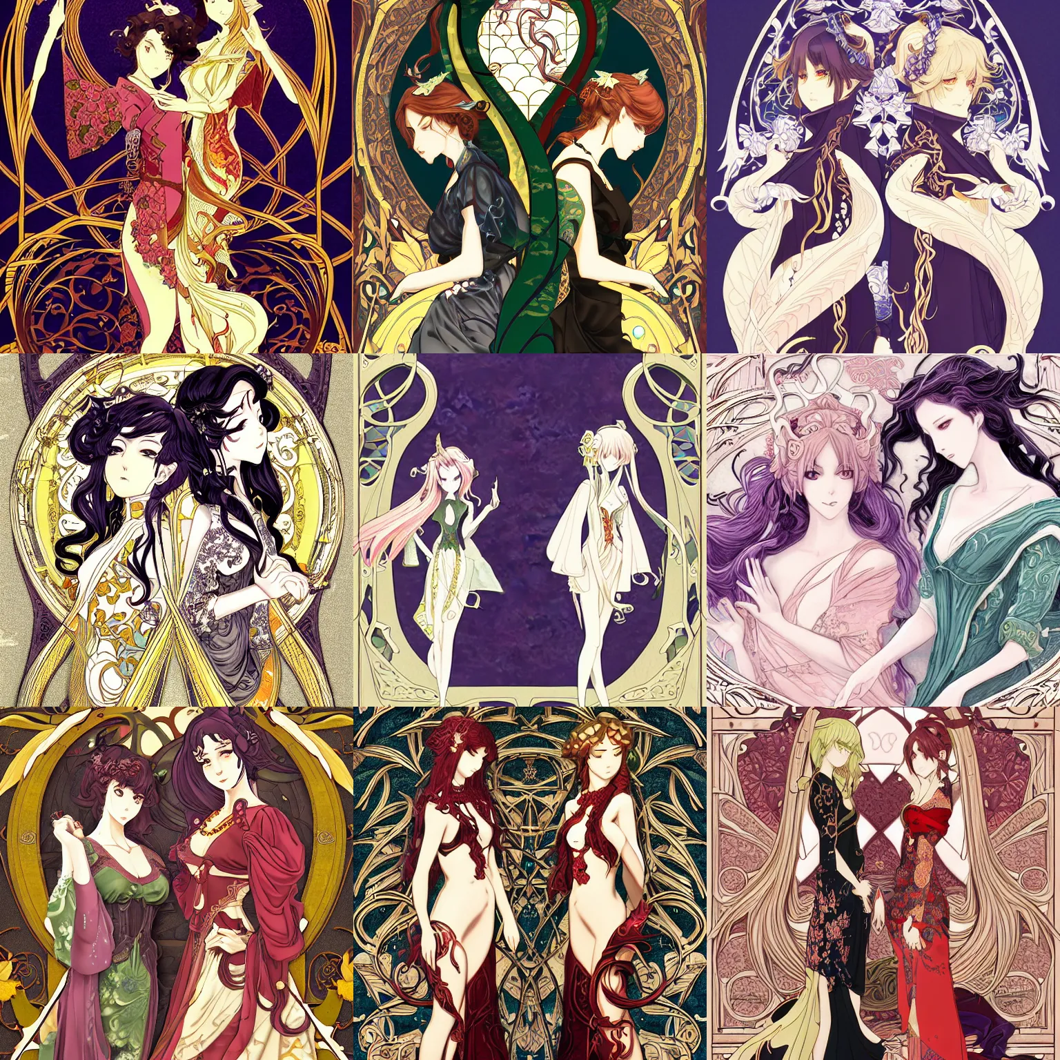 Prompt: An Art Nouveau of two dragon girls, sharp, carefully designed, detailed, beautiful, wallpaper 4K, Yen Press, pixiv, official media