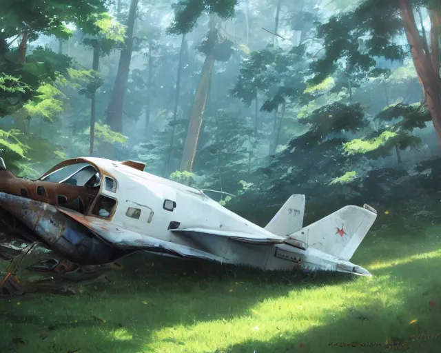 Image similar to a crashed airplane in a forest. By Makoto Shinkai, Stanley Artgerm Lau, WLOP, Rossdraws, James Jean, Andrei Riabovitchev, Marc Simonetti, krenz cushart, Sakimichan, trending on ArtStation, digital art.