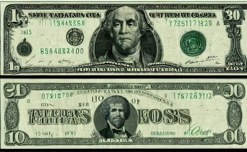 Prompt: rectangular photograph of four dollar u. s. currency note featuring bob ross