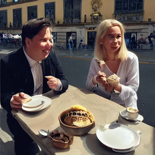 Image similar to a blonde woman & Michael mcintyre eating gelato & tea in Porto, greg rutkowski