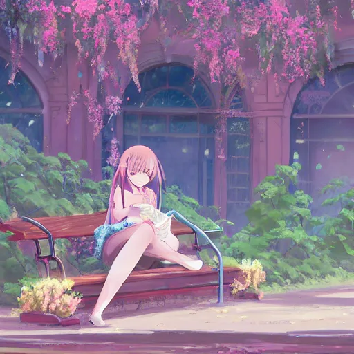 Prompt: advanced digital art. A beautiful girl is sitting on a bench reading in an abandoned train station that is overgrown with vines and flowers, Digital Anime pastel painting, Sakimichan, WLOP, RossDraws, pixivs, Makoto Shinkai. —H 2160