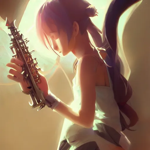 Image similar to anime girl Playing the sax instrument , digital Art, Greg rutkowski, Trending cinematographic artstation