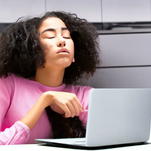 Image similar to photo of a beautiful young woman struggling to buy an apple laptop online, eyes closed, frustrated,