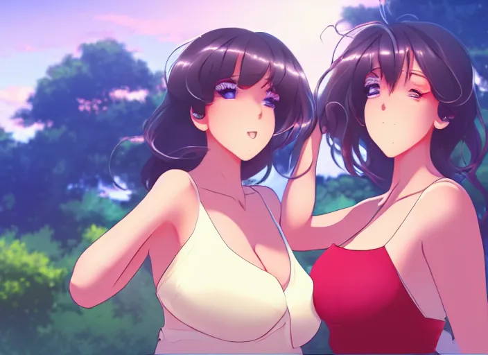 Image similar to two beautiful mothers outside on a hot summer evening, gorgeous faces, thick lines, cinematic lighting, detailed anime art